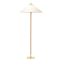 Elegant white lampshade with gold accents on a slender, gold-tone metal base, featuring a minimalist design.