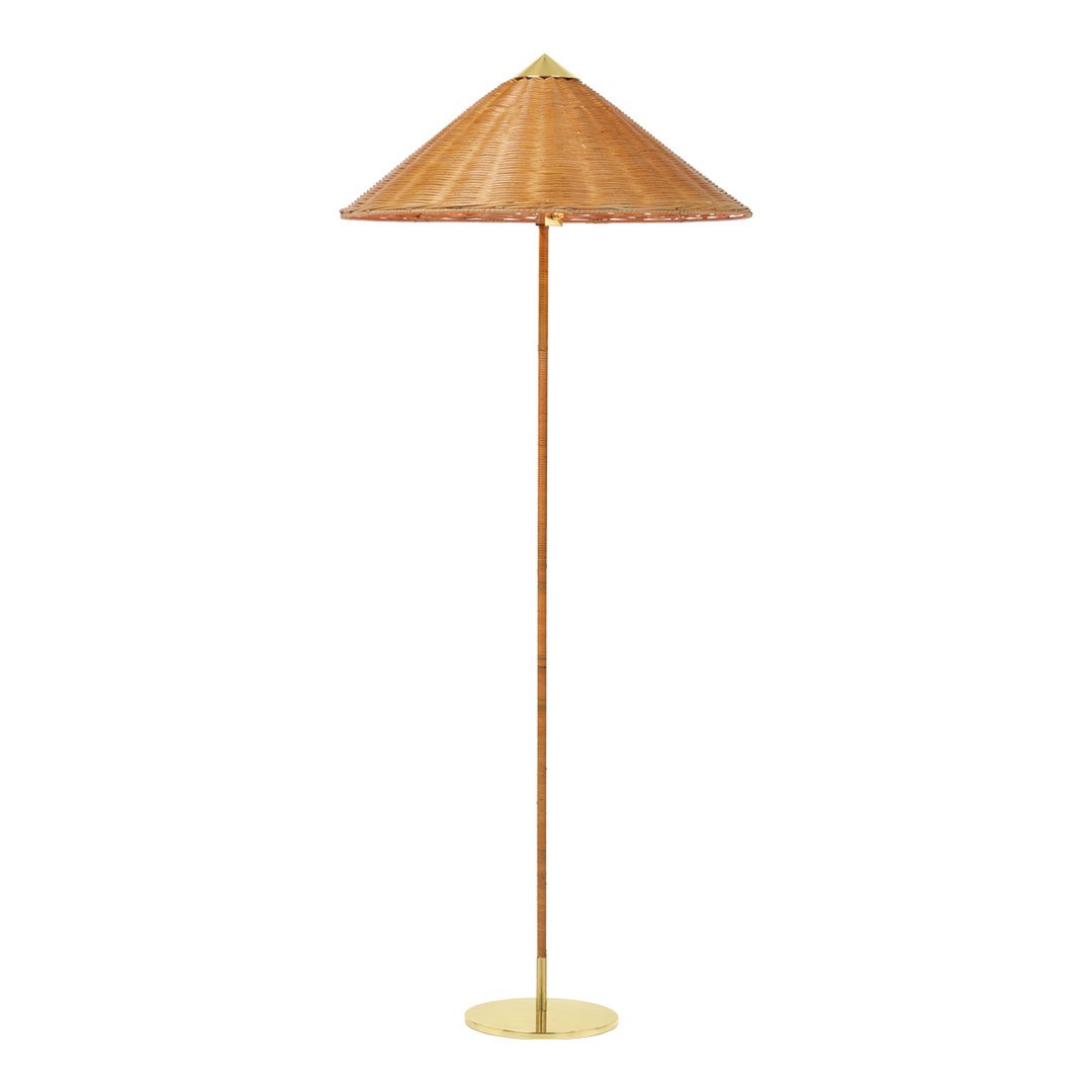 Brown woven lampshade with a gold stand, featuring a traditional conical shape and natural texture.