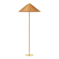 Brown woven lampshade with a gold stand, featuring a traditional conical shape and natural texture.