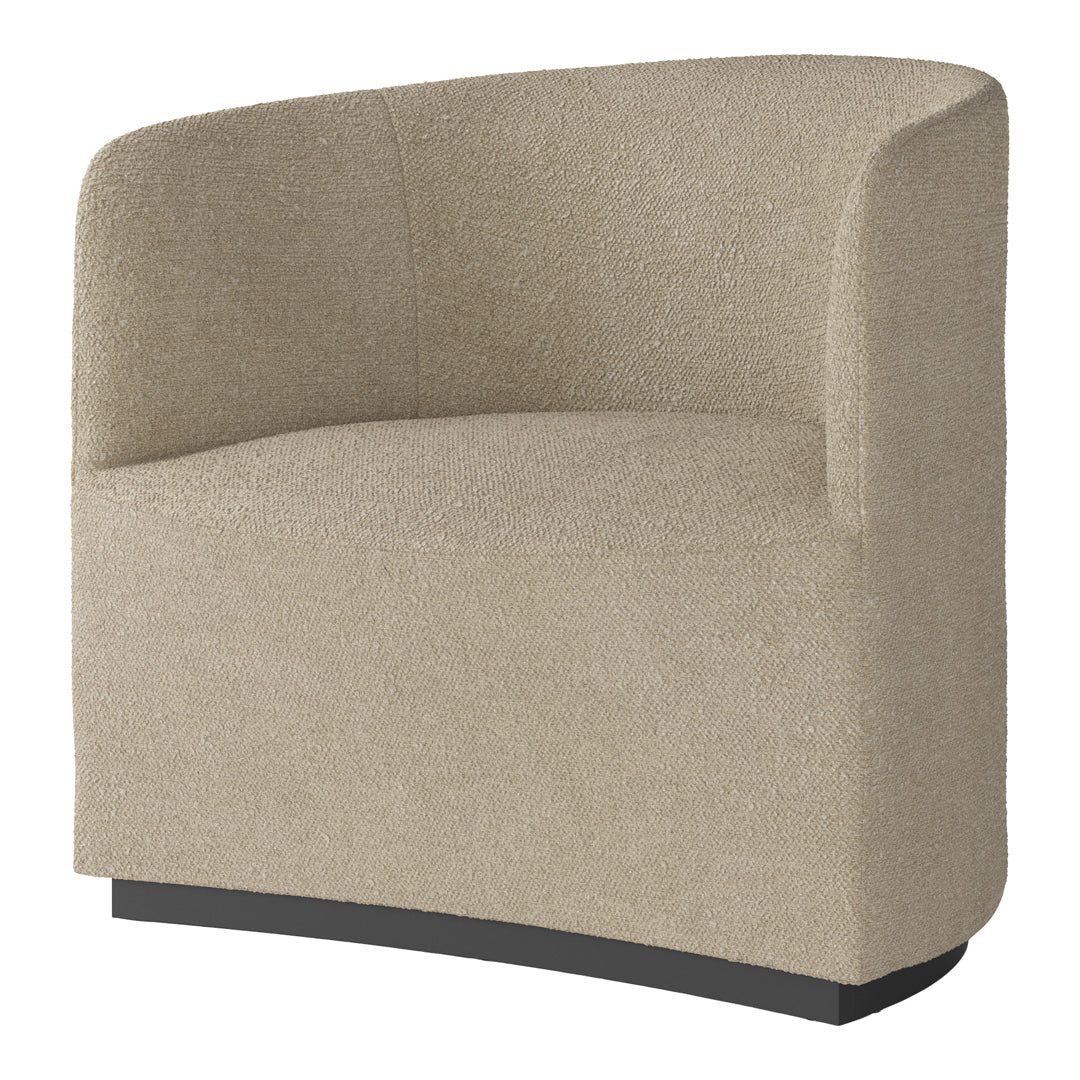 Beige textured armchair with a smooth curved design and contrasting black base. Ideal for modern interiors.