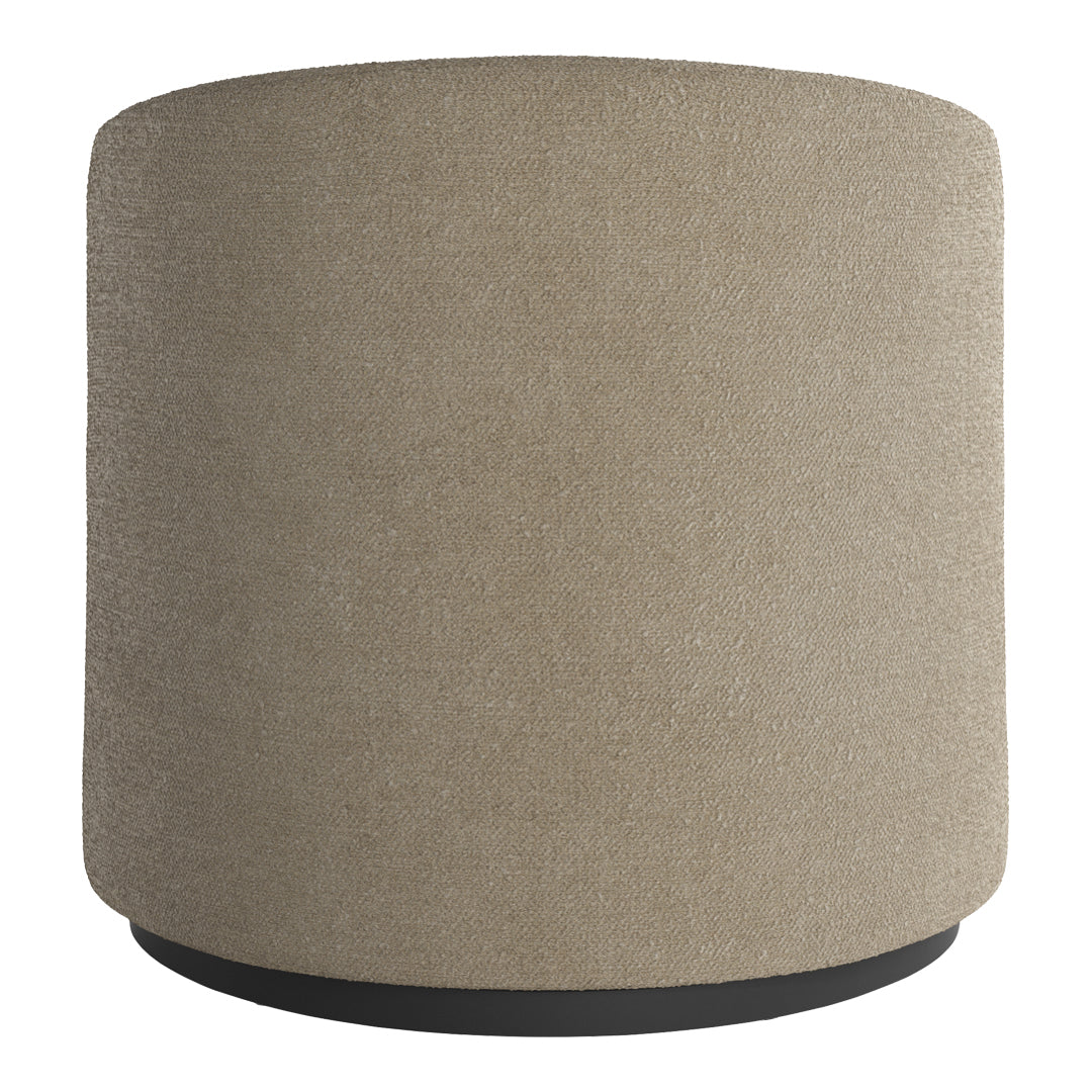 Round beige ottoman with a soft textured finish and a sleek black base. Ideal for modern decor.