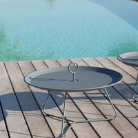 Gray round coffee table with minimalistic design and sleek metal base, set against a tranquil poolside backdrop.