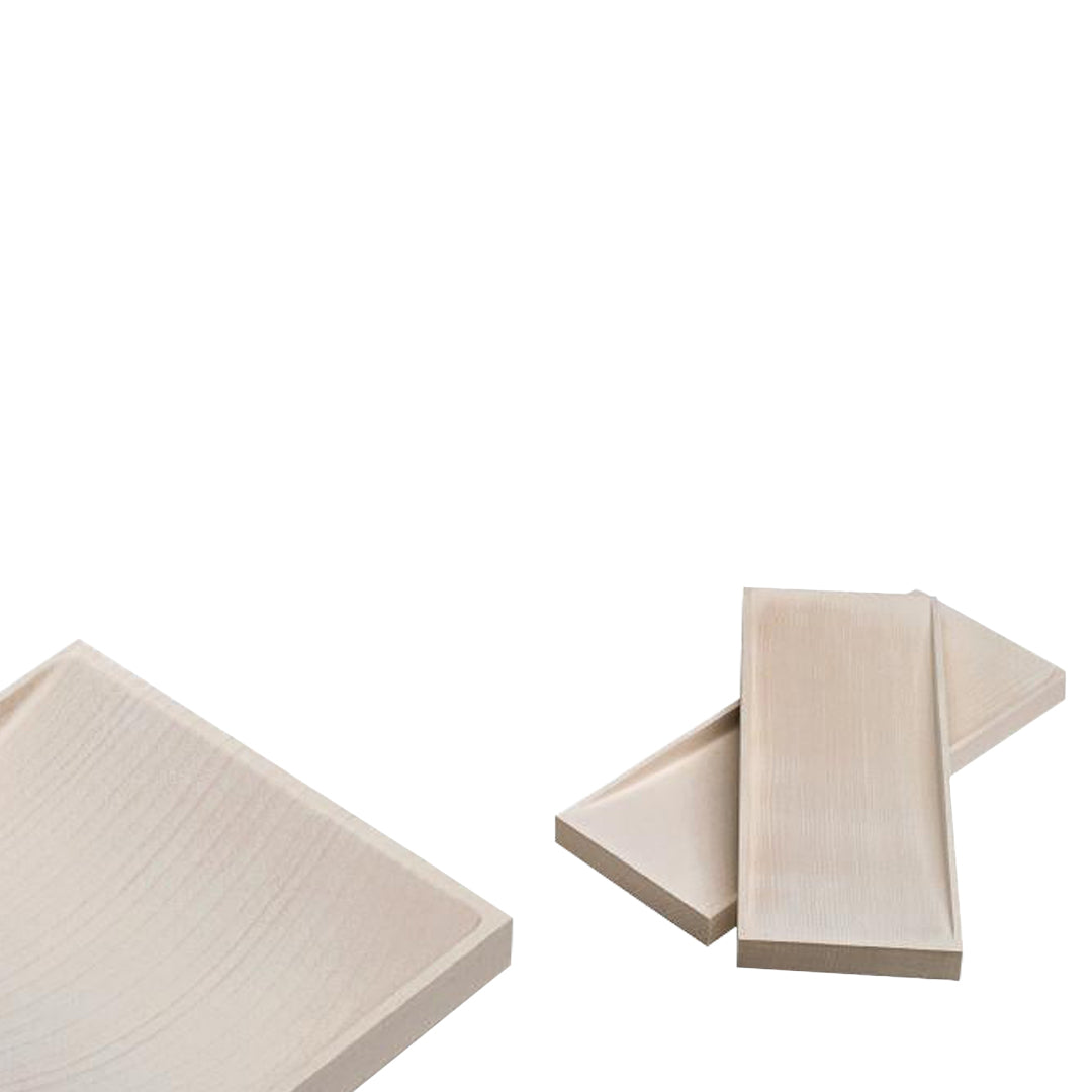 Light wood grain with smooth, natural textures; rectangular and triangular shapes create a minimalist design.