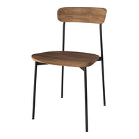Wooden chair with a warm brown finish and sleek black metal legs for a modern, minimalist look.