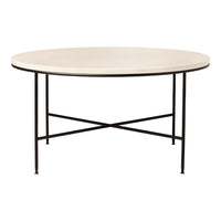 Round table with a sleek white top and black metal legs, featuring a minimalist design with a modern aesthetic.