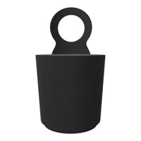 Black cylindrical bin with a round handle, featuring a sleek, matte finish for a modern aesthetic.