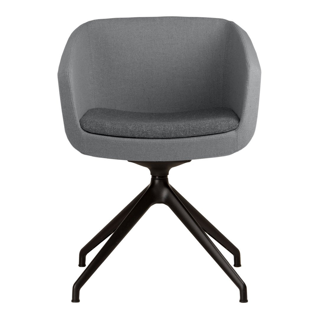 Gray upholstered chair with a sleek, modern design and a black, four-legged base.