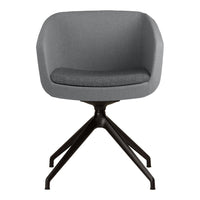 Gray upholstered chair with a sleek, modern design and a black, four-legged base.