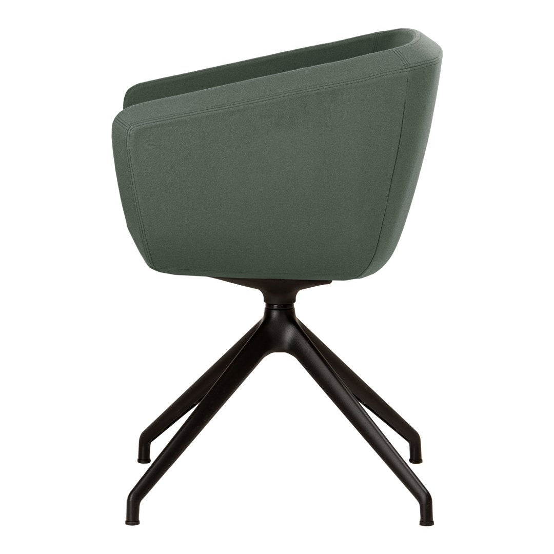 Green upholstered chair with smooth contours and a black five-point base. Modern design suitable for any decor.
