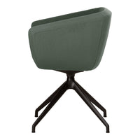 Green upholstered chair with smooth contours and a black five-point base. Modern design suitable for any decor.