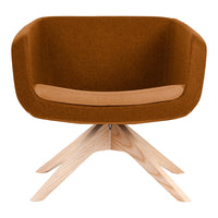 Warm brown upholstered chair with a smooth wood base, featuring a minimalist design and curved lines.