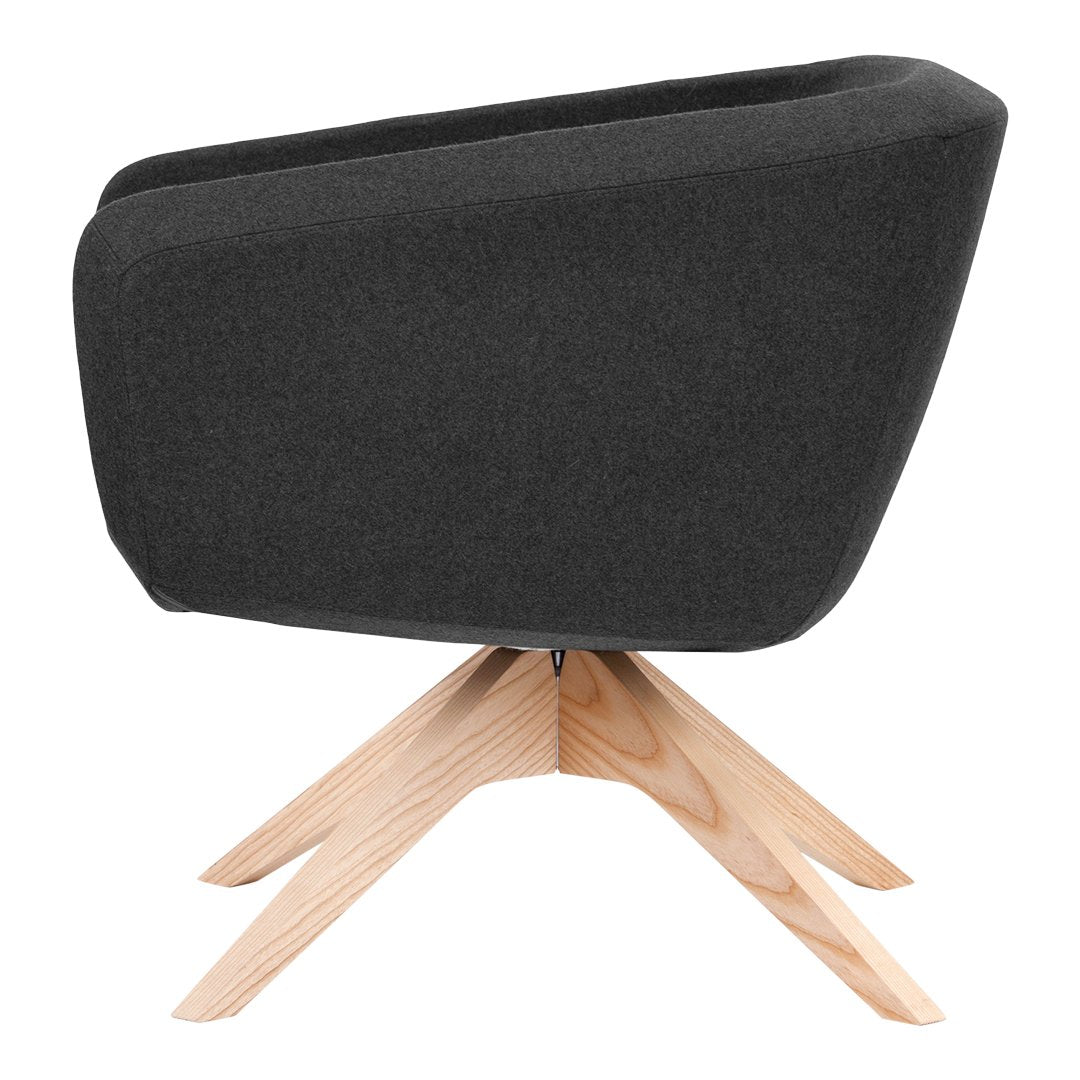 Modern black upholstered chair with a sleek gray metal base, featuring a minimalist, geometric design.
