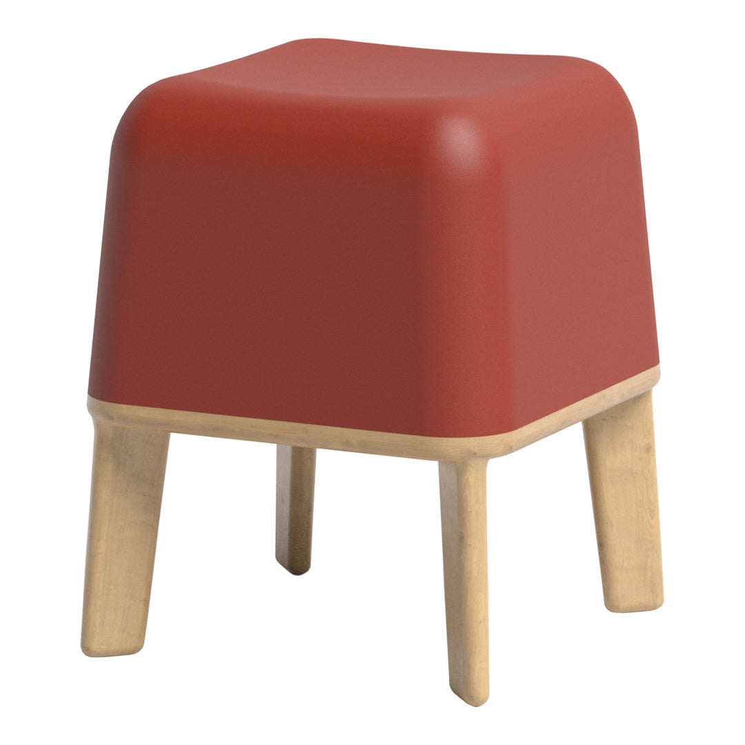 Red, square stool with a smooth surface and light wooden legs, perfect for modern decor.