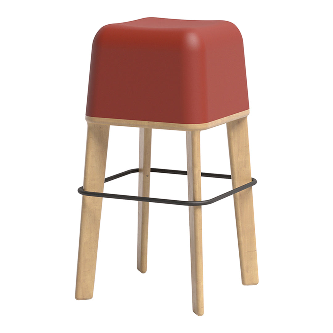 Red square-top stool with natural wood legs and a black support ring. Elegant design for modern interiors.