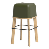 Green, square-top stool with natural wood legs and a black support band, modern minimalist design.