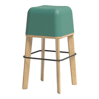 Teal square stool with natural wood legs and a black support ring, featuring a smooth, modern design.