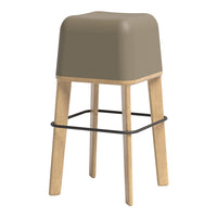 "Modern stool with a matte taupe seat and natural wood legs featuring a sleek black footrest."