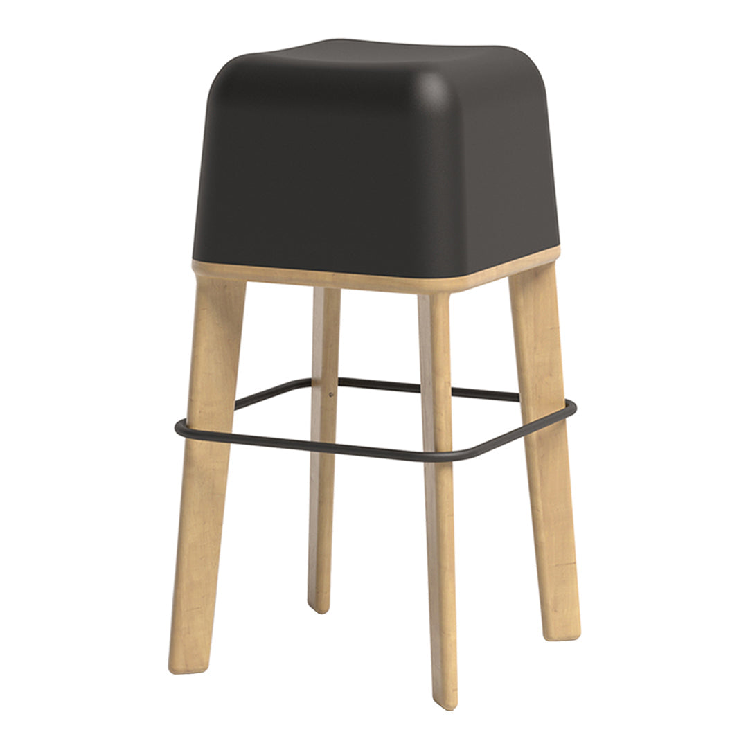Black square bar stool with natural wood legs and black metal footrest, minimalist design with modern aesthetic.