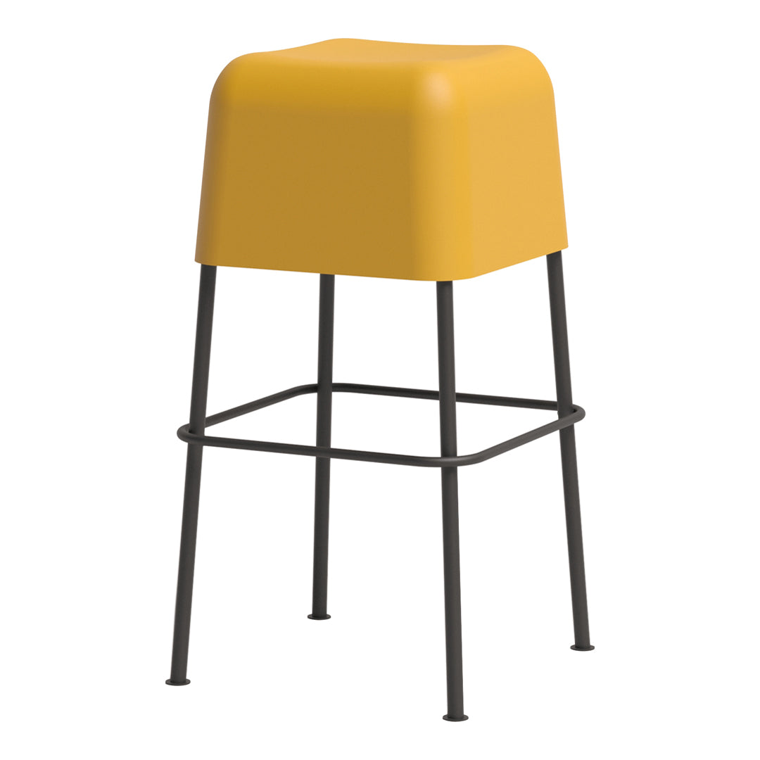 Bright yellow square bar stool with a smooth surface and matte black metal legs. Modern and minimalist design.