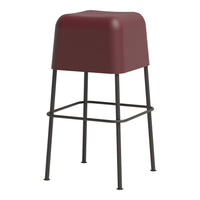 Maroon bar stool with a sleek, minimalist design and black metal legs. Perfect for modern decor.
