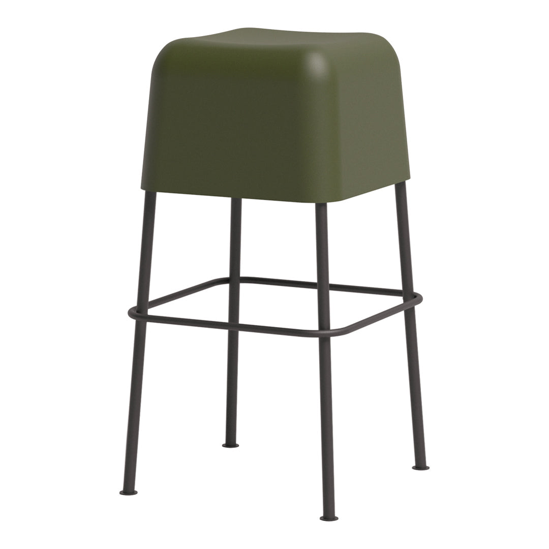 Green stool with a matte finish and minimalist black metal frame, featuring a sleek, modern design.