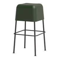 Green padded stool with a sleek black metal frame, featuring a minimalist design and modern style.