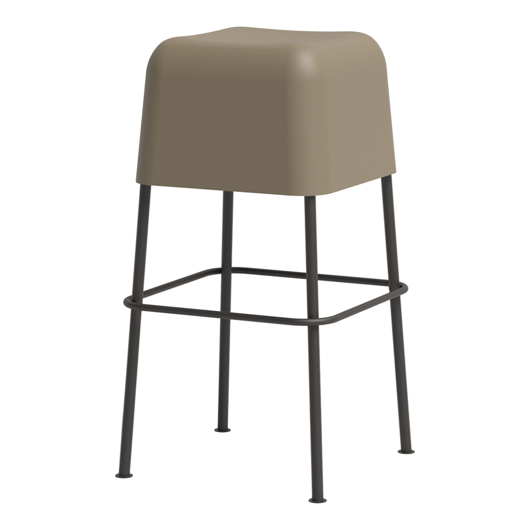 Modern tan stool with a square seat and sleek black metal legs, perfect for contemporary decor.
