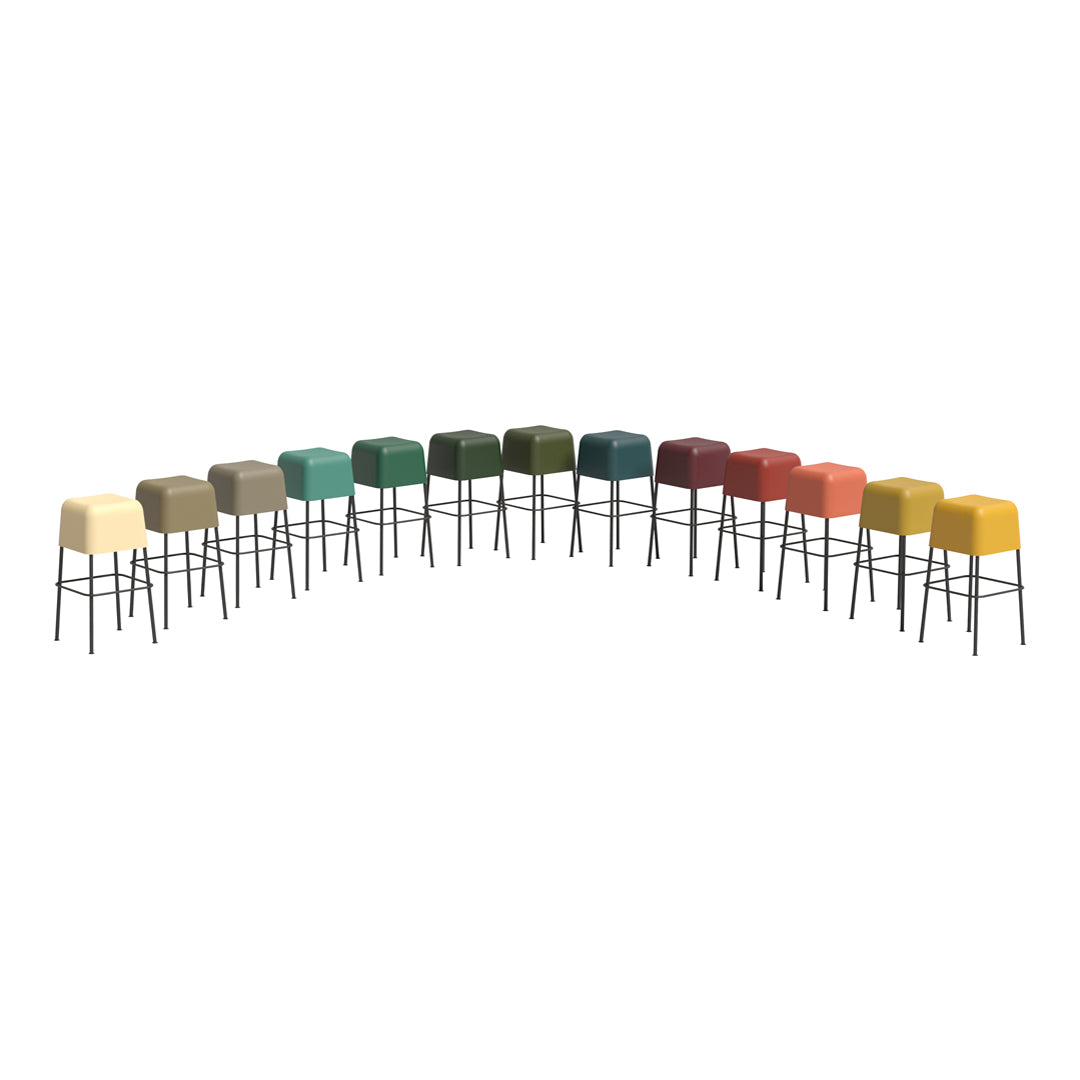 Colorful stackable stools in various shades: green, yellow, red, orange, and brown, featuring a sleek modern design.
