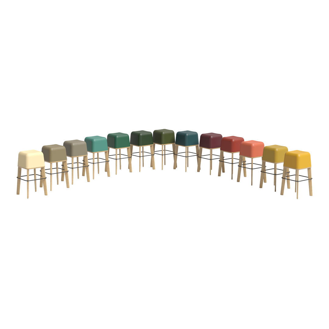 Colorful bar stools in various hues including green, blue, orange, and yellow, featuring smooth, solid patterns.