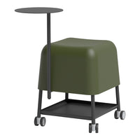 Olive green modern stool with a black metal frame and side table. Smooth, minimalist design on rolling casters.