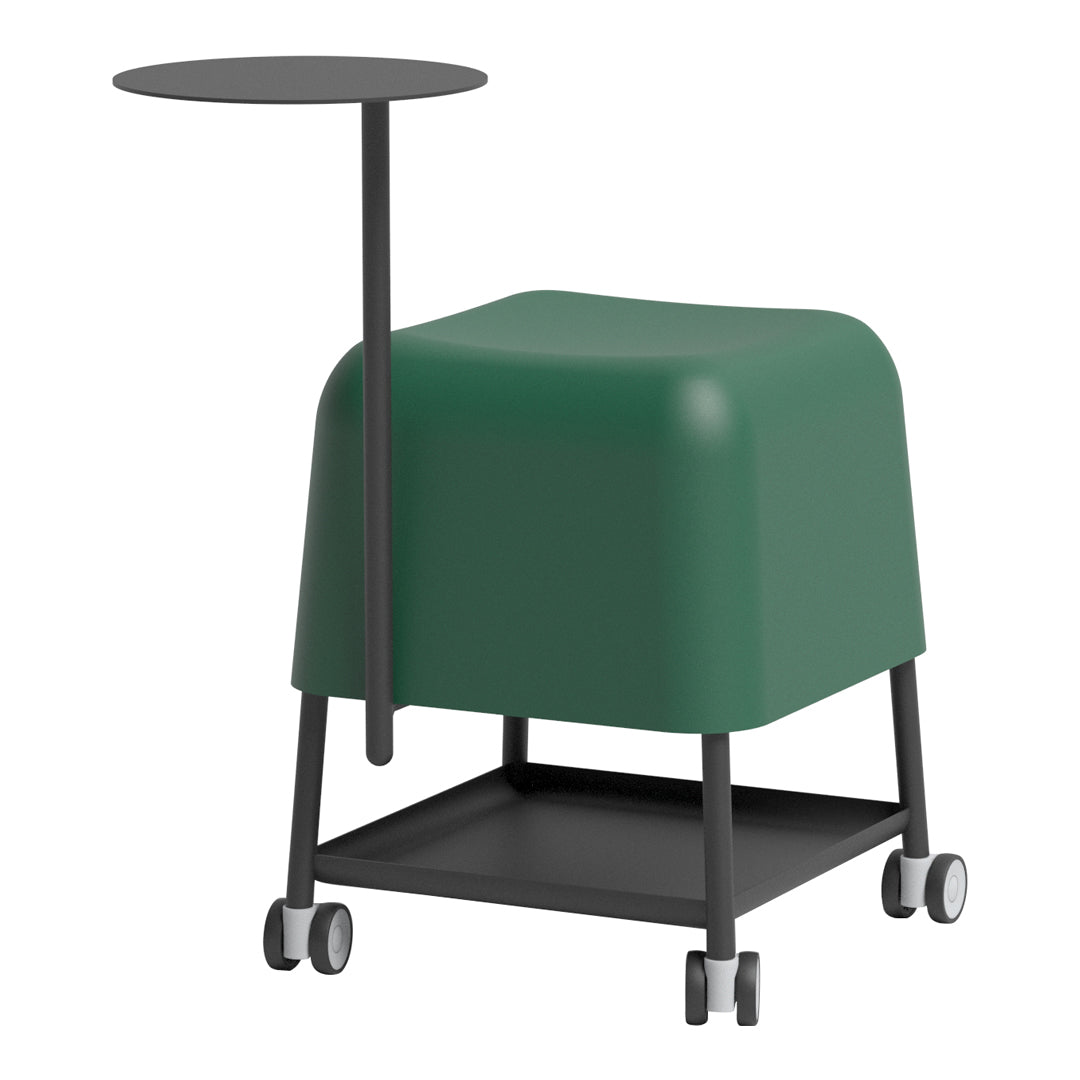 Green cushioned stool with a black metal side table and wheels, featuring a sleek, minimalist design.