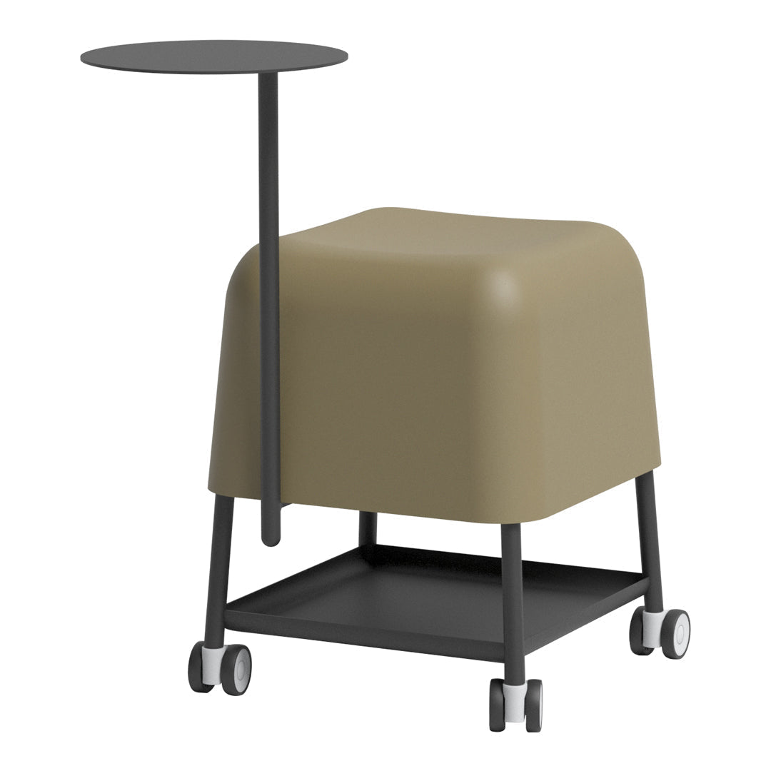 Stylish beige cube ottoman with a sleek black side table and rolling wheels for mobility. Minimalist design.