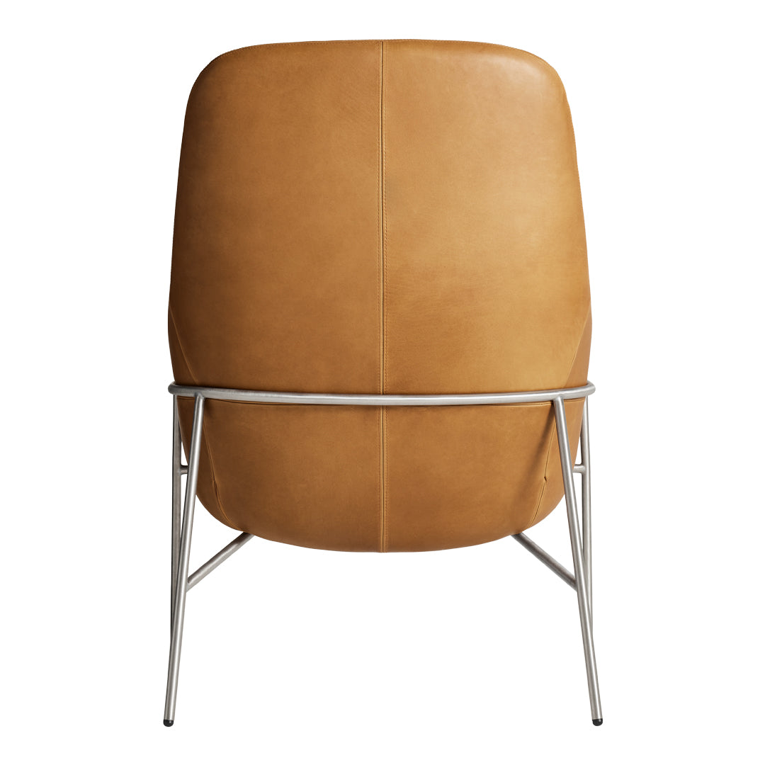 Tan leather chair with a smooth texture, featuring a minimalist metal frame for a contemporary look.