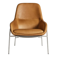 Tan leather armchair with a smooth finish and minimalist silver frame. Ideal for modern decor.