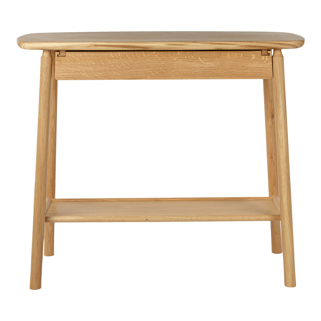 Natural wood finish console table with a smooth top and simple design, featuring light beige tones and minimal patterns.