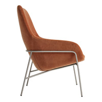 Rust orange accent chair with smooth upholstery and sleek silver metal frame, perfect for modern decor.