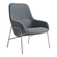 Gray upholstered chair with a sleek design and soft curves, paired with a minimalist metallic frame.