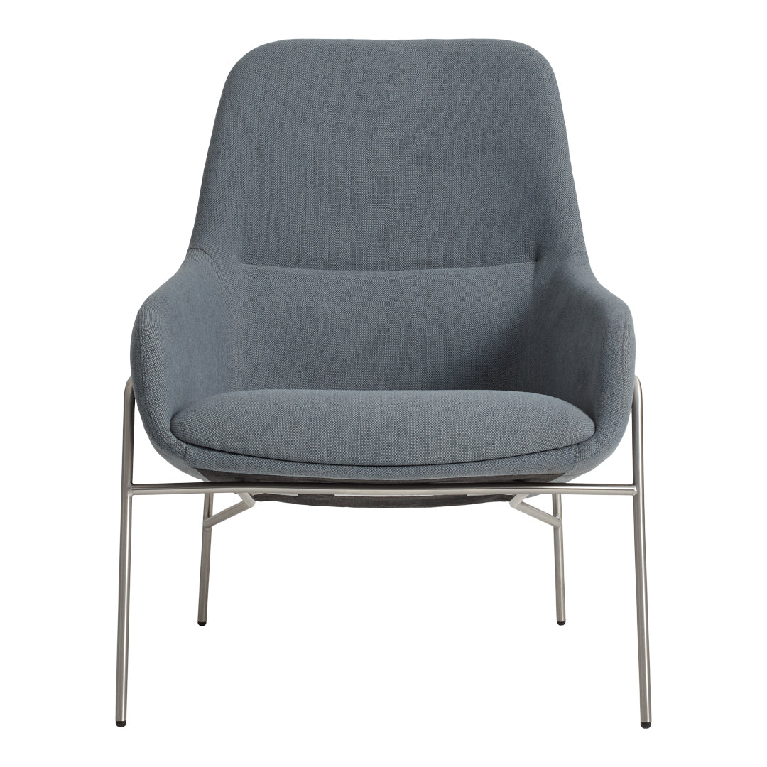 Gray upholstered chair with a smooth texture and minimalist silver metal frame. Simple, modern design.