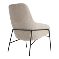 Cream-colored upholstered chair with a smooth fabric finish and sleek black metal legs.