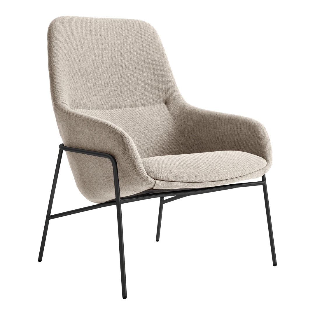 Light beige upholstered chair with a minimalist design and black metal legs. Smooth, solid color upholstery.