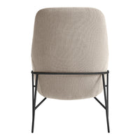 Beige upholstered chair with a sleek black metal frame, featuring a minimalistic design. Perfect for modern decor.