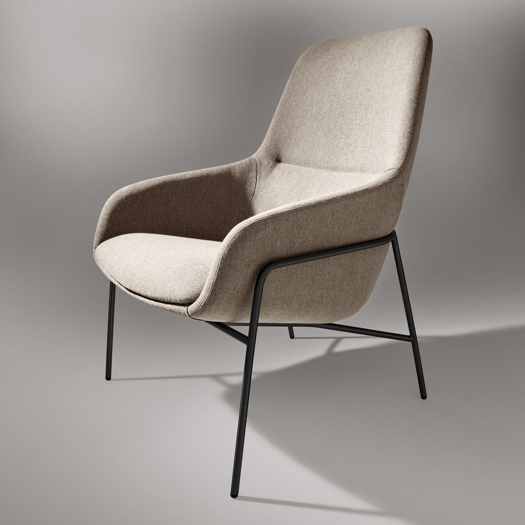Light beige upholstered lounge chair with minimalist black metal legs. Smooth texture and modern design.