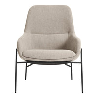 Light beige upholstered chair with a sleek black metal frame, featuring a smooth, minimalist design.