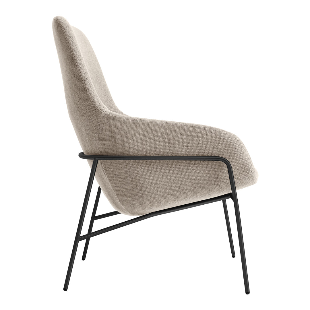 Light beige upholstered chair with a sleek black metal frame, featuring a modern, minimalist design.