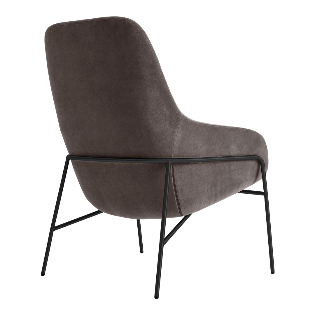 Stylish gray upholstered chair with a smooth texture, featuring a minimalist black metal frame.