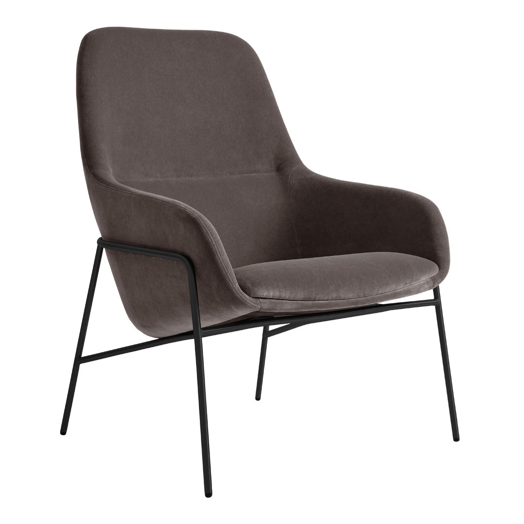 Gray velvet chair with a sleek black metal frame and minimalist design. Perfect for modern decor.