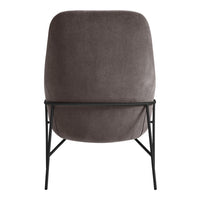 Gray velvet chair with a sleek black metal frame, featuring a simple and modern design.