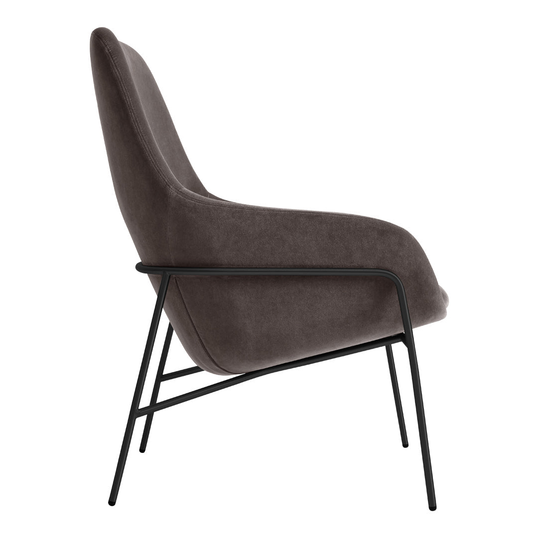 Gray upholstered chair with a sleek black metal frame, featuring a smooth, modern silhouette.