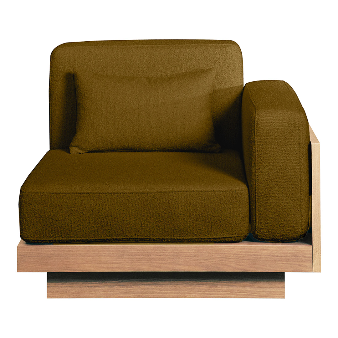 Brown upholstered armchair with a textured fabric and a modern light wood base.