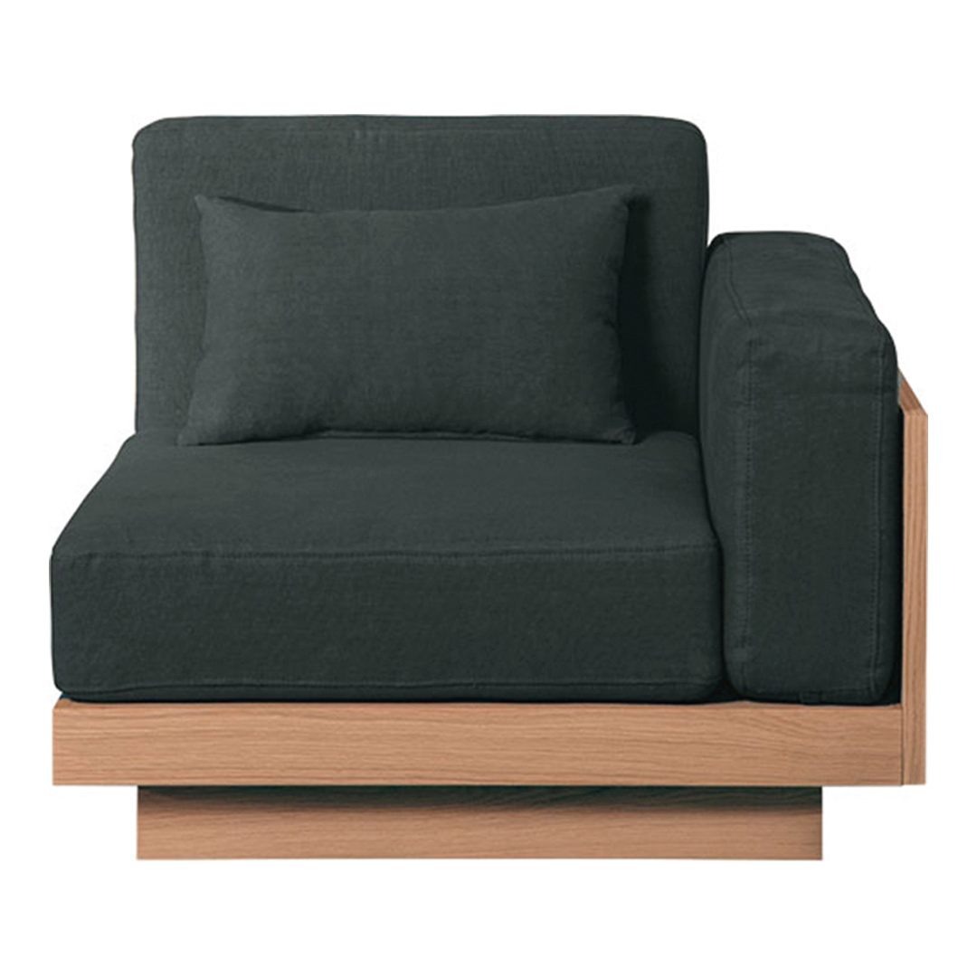 Modern dark gray sofa chair with a wood base and a matching accent pillow, featuring a minimalist design.